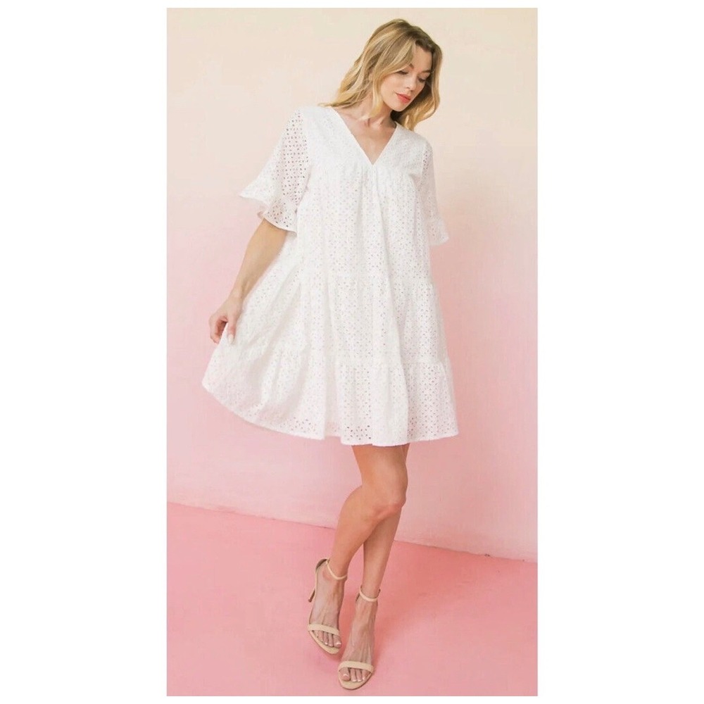 A. Calin by Flying Tomato White Eyelet Lace Tiered Babydoll Mini Dress S